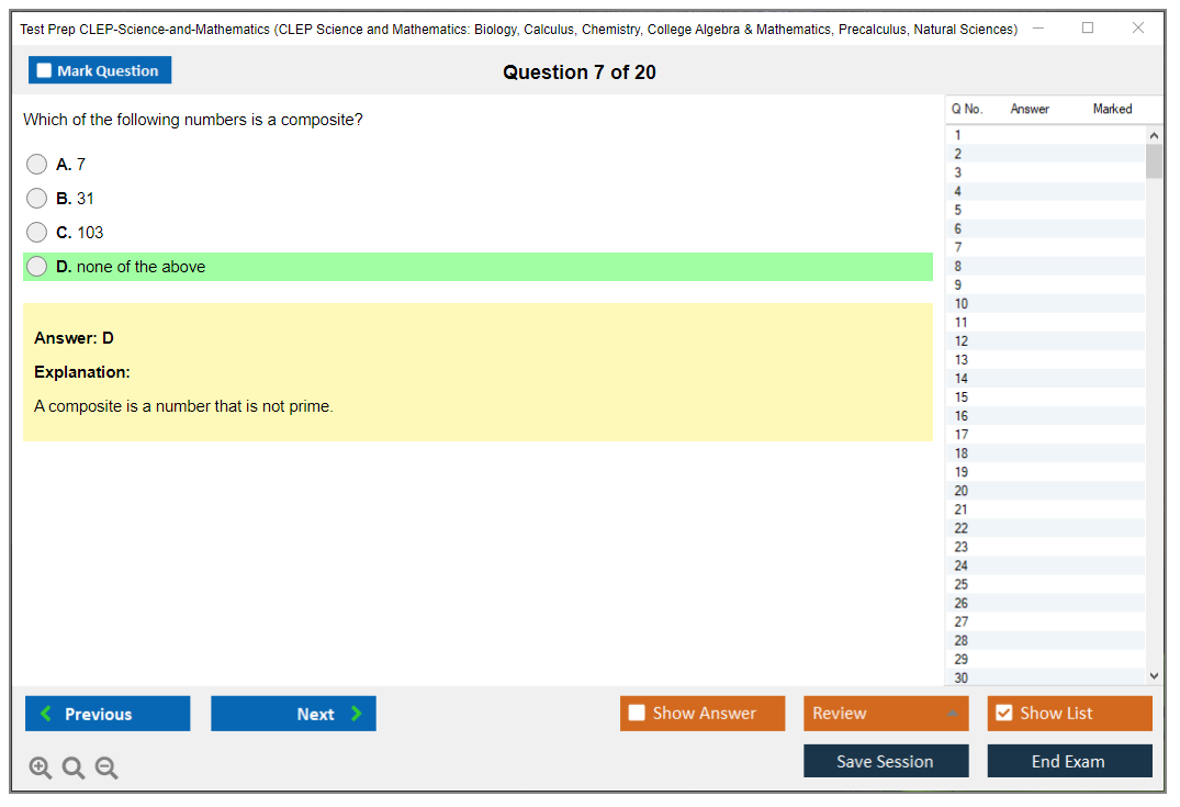 Test Prep CLEP-Science-and-Mathematics CLEP Science and Mathematics: Biology, Calculus, Chemistry, College Algebra & Mathematics, Precalculus, Natural Sciences Practice test exam simulator test engine exam Prep practice test questions answers Image 7