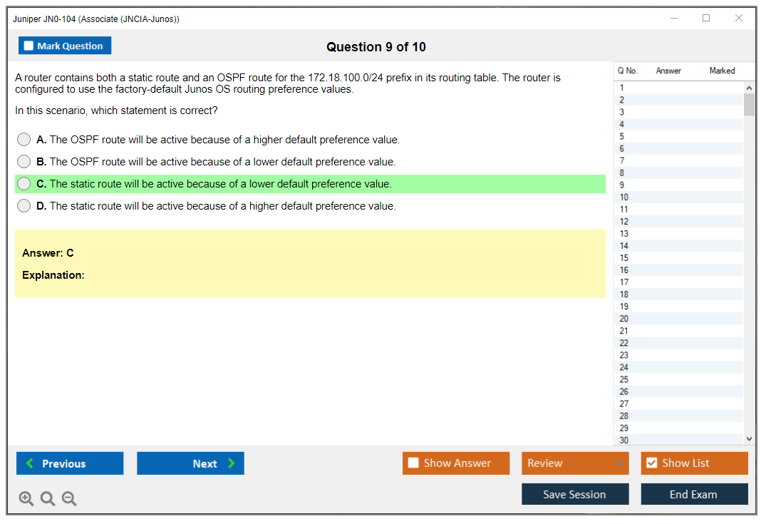 Juniper JN0-104 Junos - Associate (JNCIA-Junos) Practice test exam simulator test engine exam dumps questions answers Image 9