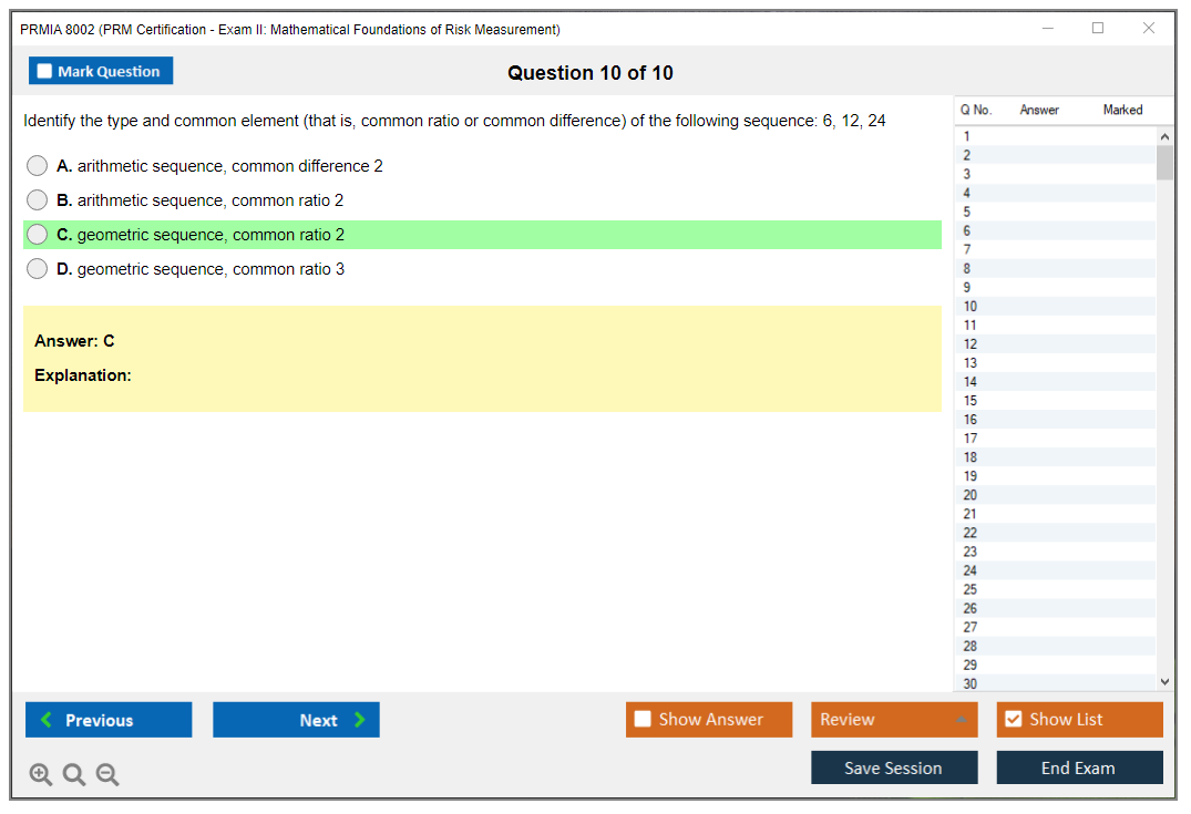 PRMIA 8002 PRM Certification - Exam II: Mathematical Foundations of Risk Measurement Practice test exam simulator test engine exam dumps questions answers Image 10