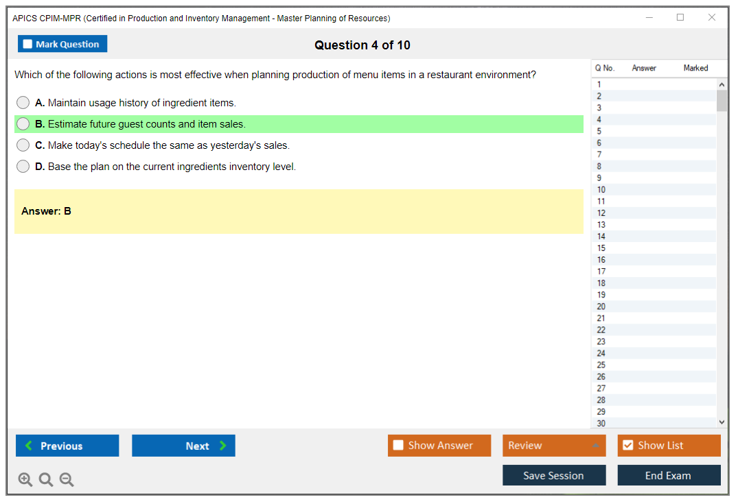 APICS CPIM-MPR Certified in Production and Inventory Management - Master Planning of Resources Practice test exam simulator test engine exam dumps questions answers Image 4