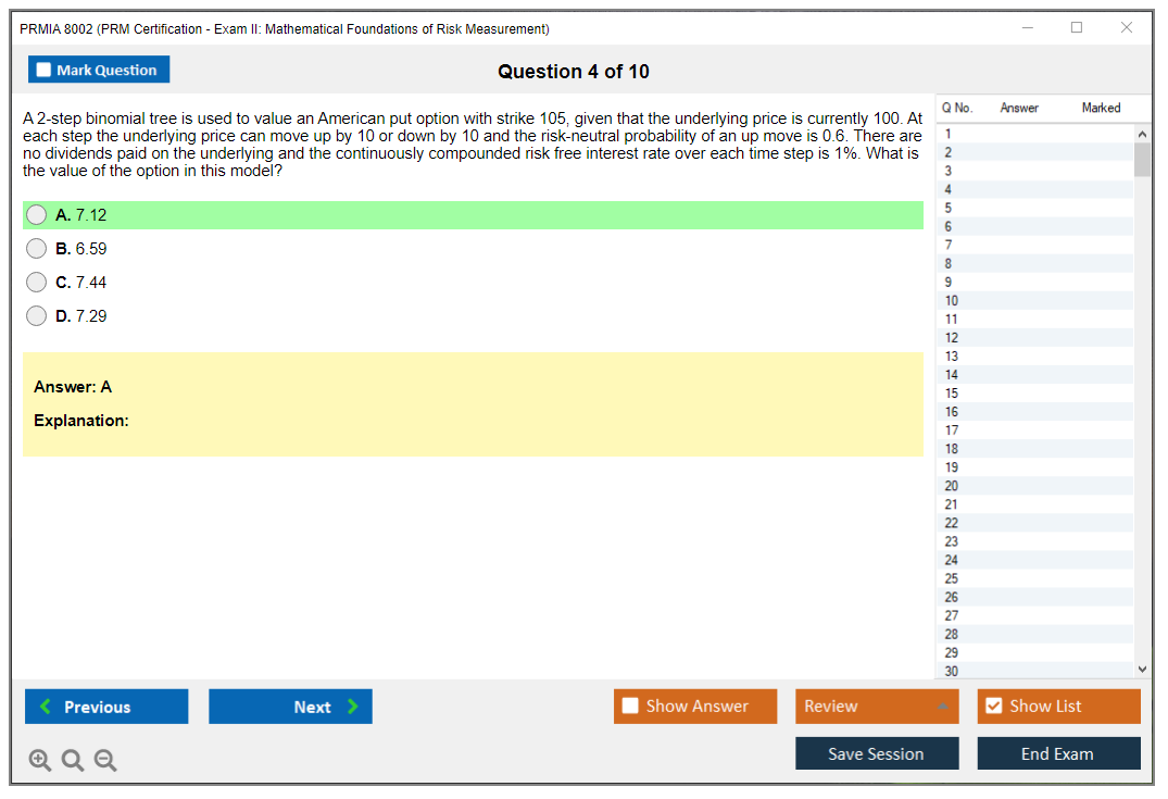 PRMIA 8002 PRM Certification - Exam II: Mathematical Foundations of Risk Measurement Practice test exam simulator test engine exam dumps questions answers Image 4