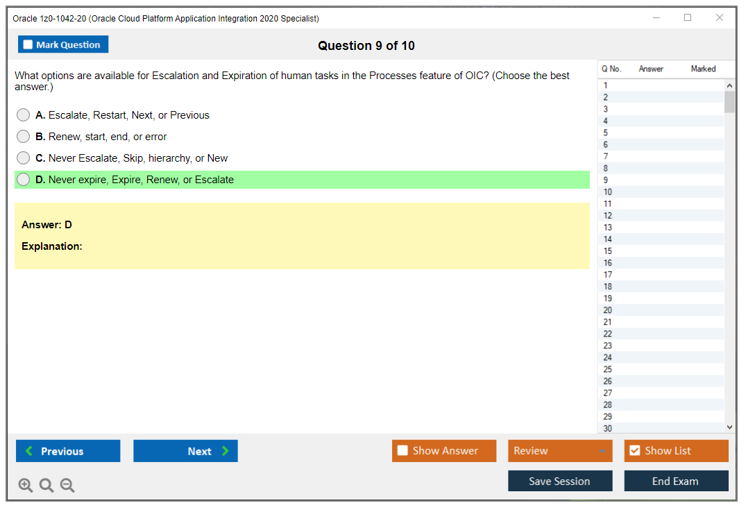 Oracle 1z0-1042-20 Oracle Cloud Platform Application Integration 2020 Specialist Practice test exam simulator test engine exam dumps questions answers Image 9
