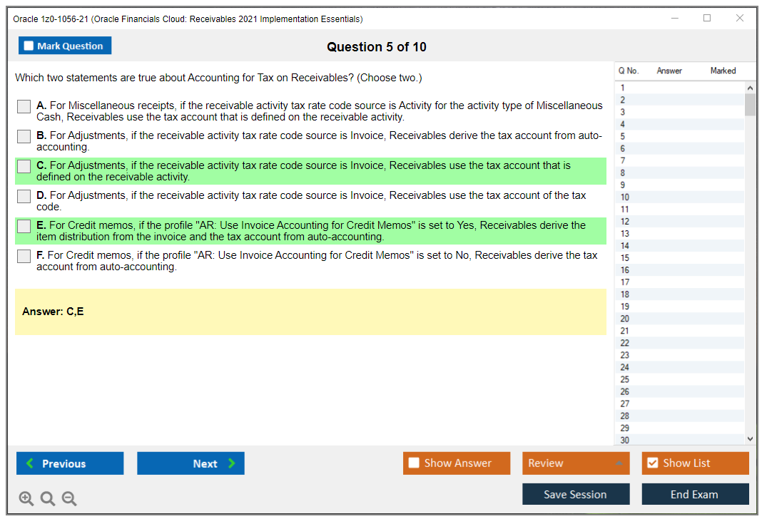 Oracle 1z0-1056-21 Oracle Financials Cloud: Receivables 2021 Implementation Essentials Practice test exam simulator test engine exam dumps questions answers Image 5