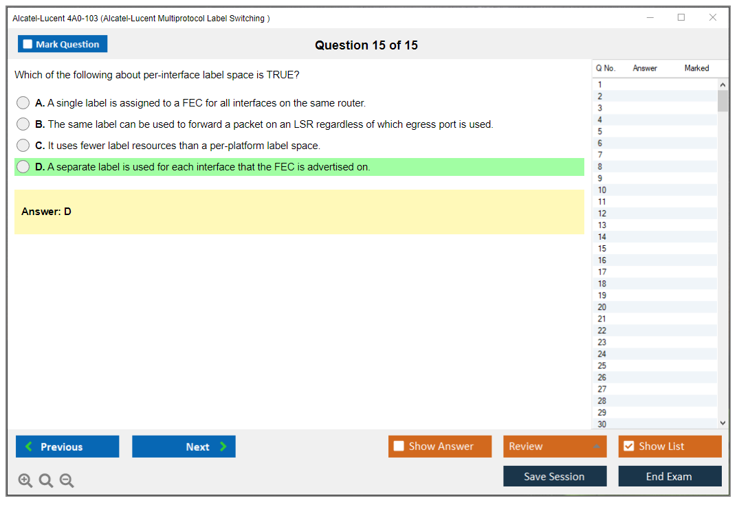 Alcatel-Lucent 4A0-103 Alcatel-Lucent Multi Protocol Label Switching Practice test exam simulator test engine exam dumps questions answers Image 15