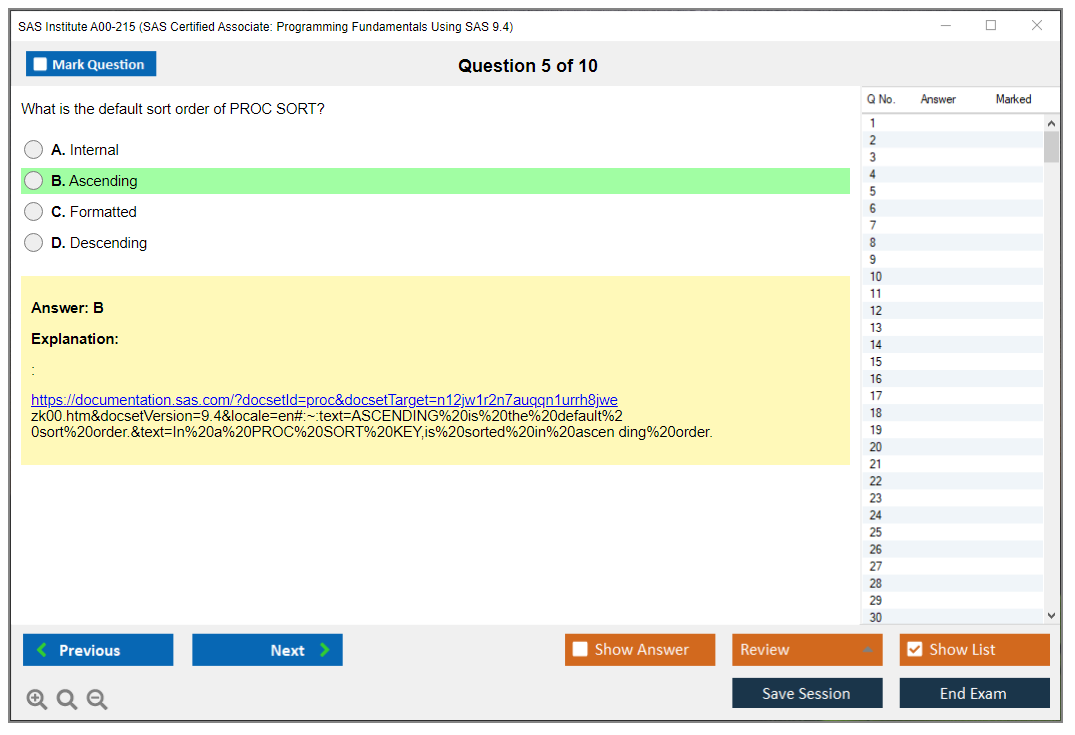 SAS Institute A00-215 SAS Certified Associate: Programming Fundamentals Using SAS 9.4 Practice test exam simulator test engine exam dumps questions answers Image 5
