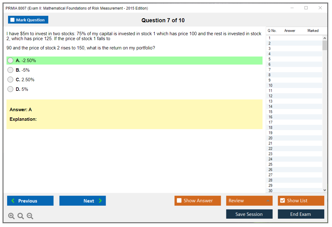 PRMIA 8007 Exam II: Mathematical Foundations of Risk Measurement - 2015 Edition Practice test exam simulator test engine exam dumps questions answers Image 7
