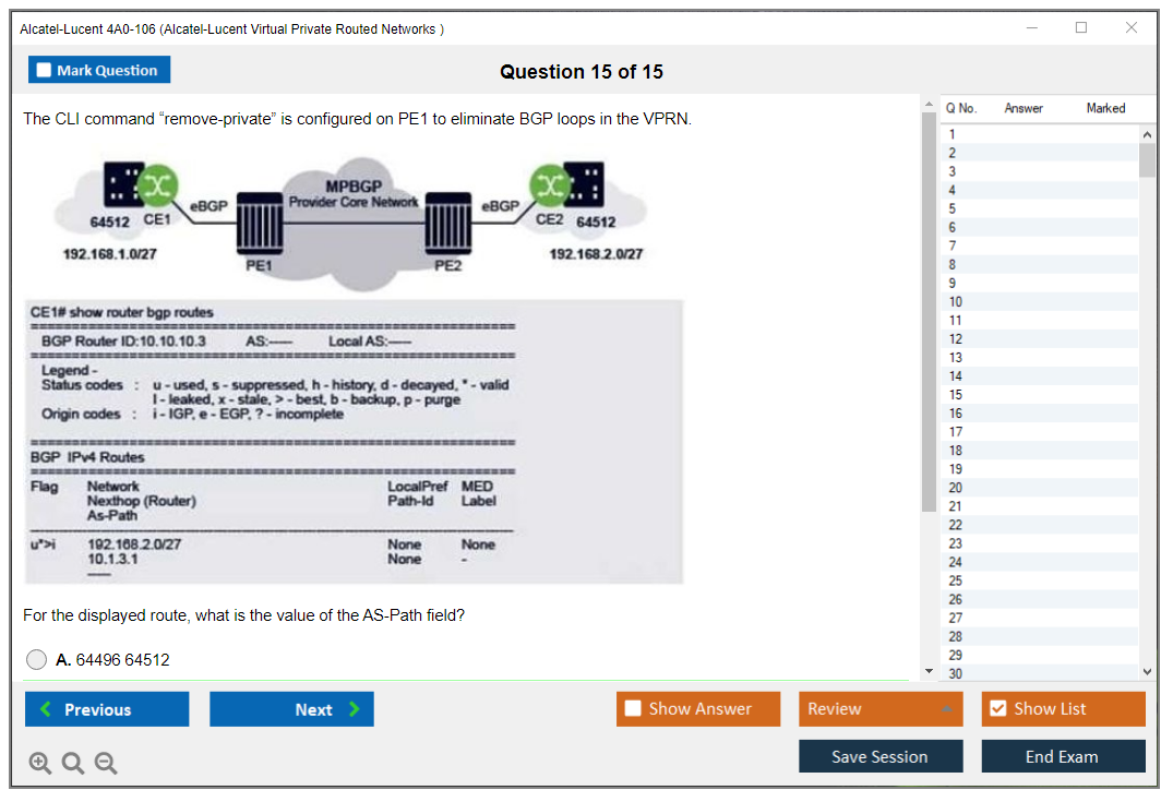 Alcatel-Lucent 4A0-106 Nokia Virtual Private Routed Networks Practice test exam simulator test engine exam dumps questions answers Image 15