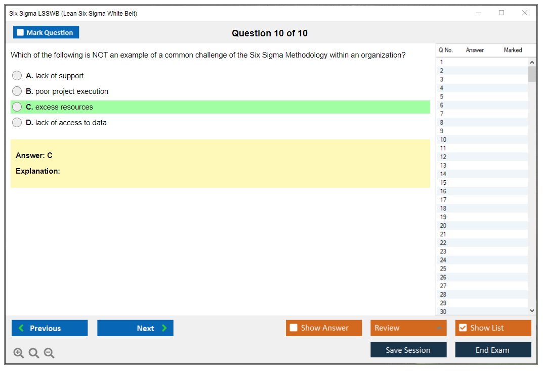 Six Sigma LSSWB Lean Six Sigma White Belt Practice test exam simulator test engine exam dumps questions answers Image 10