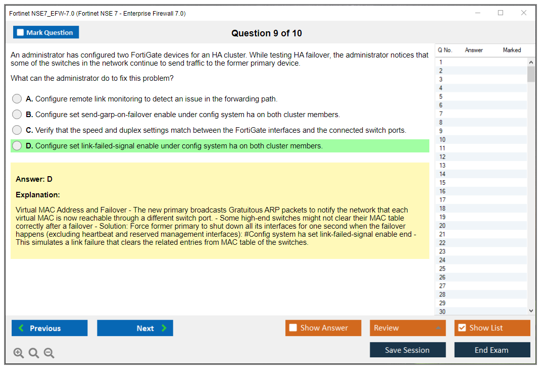 Fortinet NSE7_EFW-7.0 Fortinet NSE 7 - Enterprise Firewall 7.0 Practice test exam simulator test engine exam dumps questions answers Image 9
