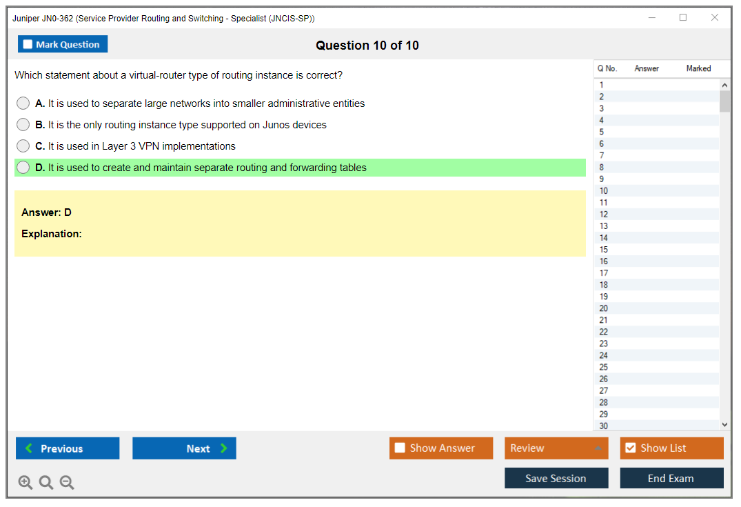Juniper JN0-362 Service Provider Routing and Switching - Specialist (JNCIS-SP) Practice test exam simulator test engine exam dumps questions answers Image 10