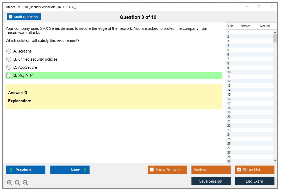 Juniper JN0-230 Security-Associate (JNCIA-SEC) Practice test exam simulator test engine exam dumps questions answers Image 8