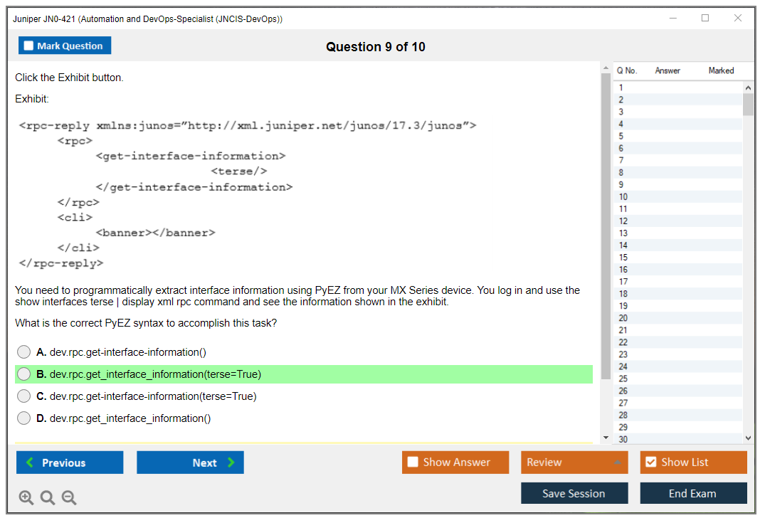 Juniper JN0-421 Automation and DevOps-Specialist (JNCIS-DevOps) Practice test exam simulator test engine exam dumps questions answers Image 9