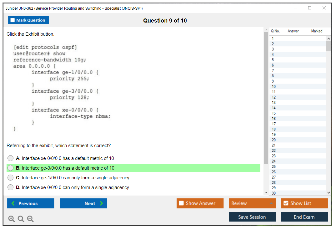Juniper JN0-362 Service Provider Routing and Switching - Specialist (JNCIS-SP) Practice test exam simulator test engine exam dumps questions answers Image 9