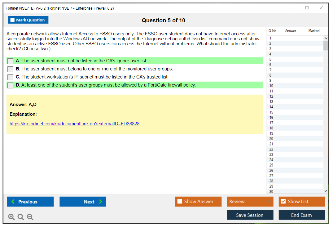 Fortinet NSE7_EFW-6.2 Fortinet NSE 7 - Enterprise Firewall 6.2 Practice test exam simulator test engine exam dumps questions answers Image 5