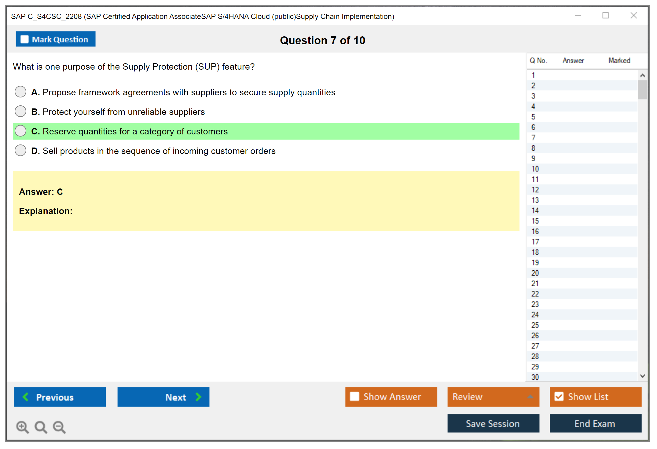SAP C_S4CSC_2208 SAP Certified Application AssociateSAP S/4HANA Cloud (public)Supply Chain Implementation Practice test exam simulator test engine exam dumps questions answers Image 7