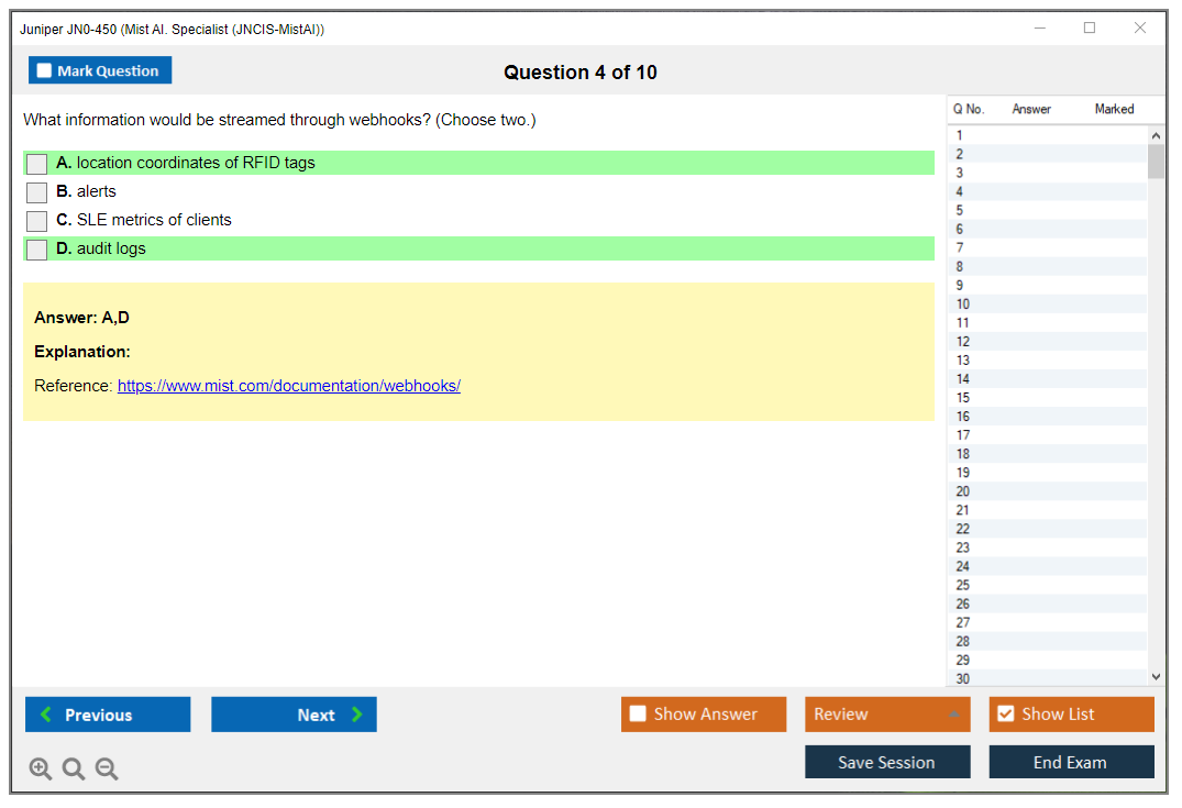 Juniper JN0-450 Mist AI. Specialist (JNCIS-MistAI) Practice test exam simulator test engine exam dumps questions answers Image 4