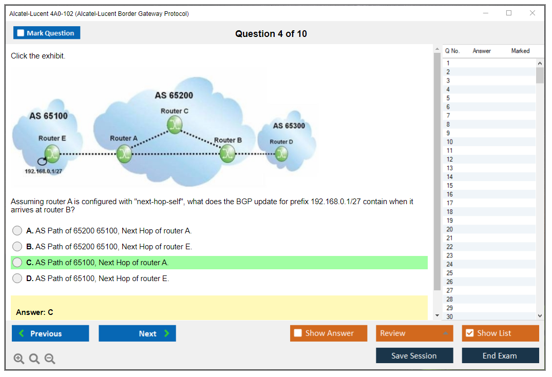 Alcatel-Lucent 4A0-102 Nokia Border Gateway Protocol Practice test exam simulator test engine exam dumps questions answers Image 4