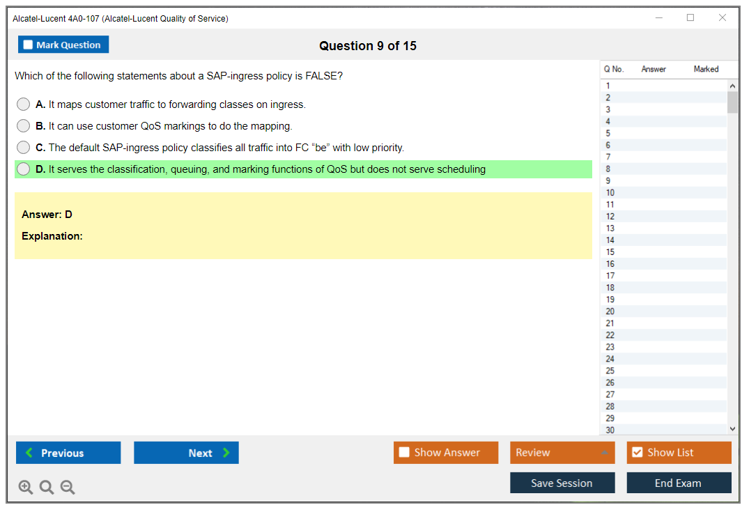 Alcatel-Lucent 4A0-107 Nokia Quality of Service Practice test exam simulator test engine exam dumps questions answers Image 9