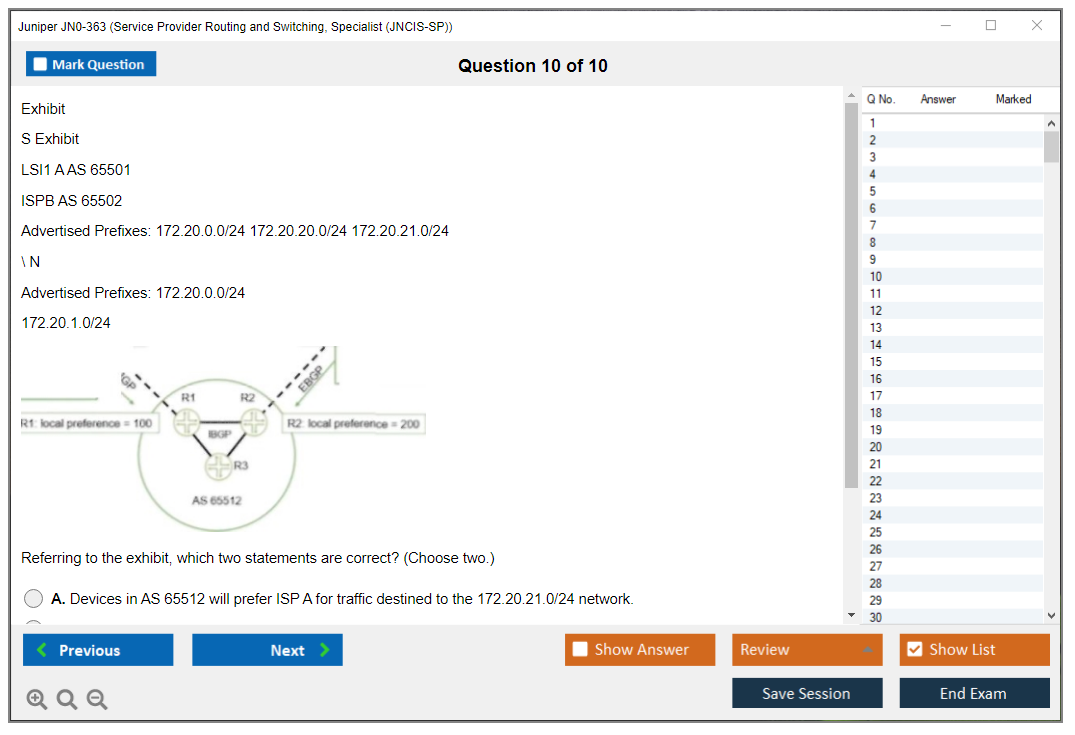 Juniper JN0-363 Service Provider Routing and Switching, Specialist (JNCIS-SP) Practice test exam simulator test engine exam dumps questions answers Image 10
