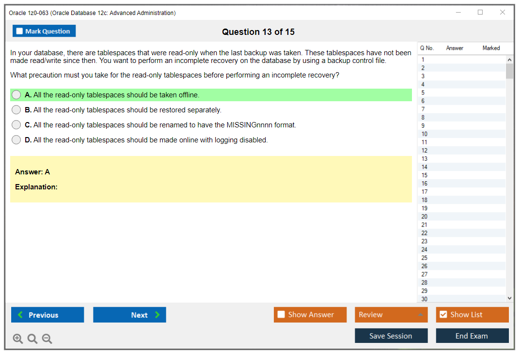 Oracle 1z0-063 Oracle Database 12c: Advanced Administration Practice test exam simulator test engine exam dumps questions answers Image 13