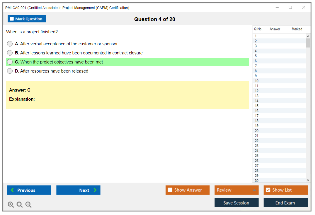 PMI CA0-001 Certified Associate in Project Management (CAPM) Certification Practice test exam simulator test engine exam dumps questions answers Image 4