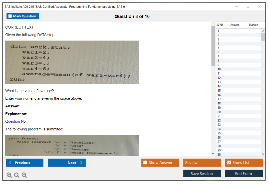 SAS Institute A00-215 SAS Certified Associate: Programming Fundamentals Using SAS 9.4 Practice test exam simulator test engine exam dumps questions answers Image 3