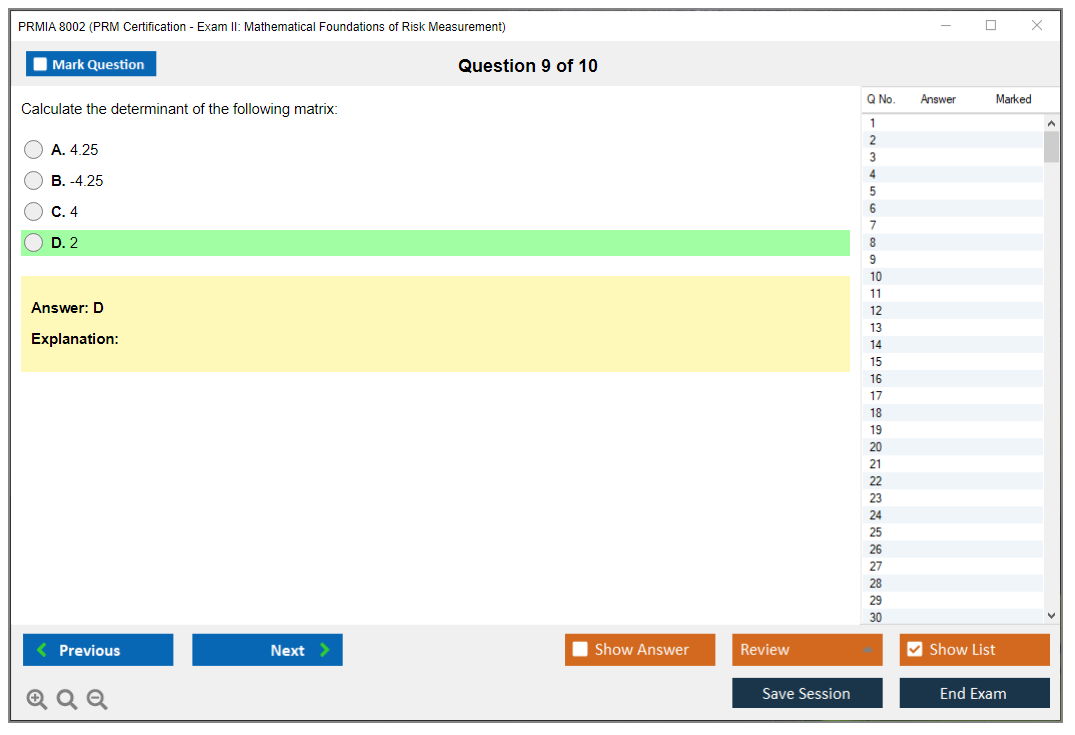 PRMIA 8002 PRM Certification - Exam II: Mathematical Foundations of Risk Measurement Practice test exam simulator test engine exam dumps questions answers Image 9