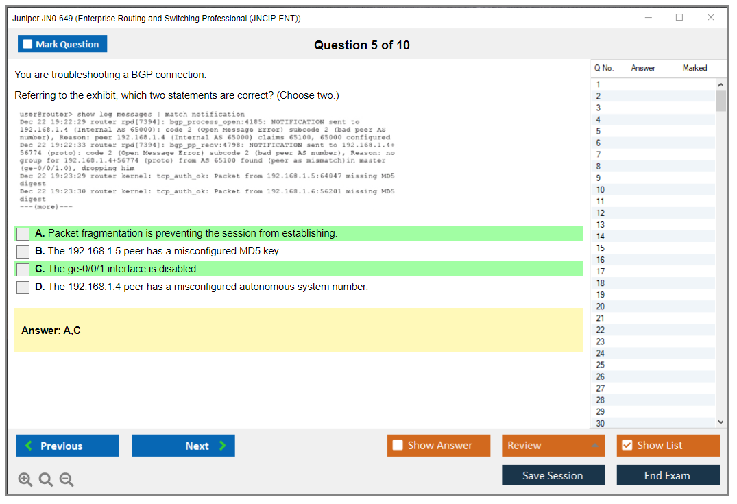 Juniper JN0-649 Enterprise Routing and Switching Professional (JNCIP-ENT) Practice test exam simulator test engine exam dumps questions answers Image 5