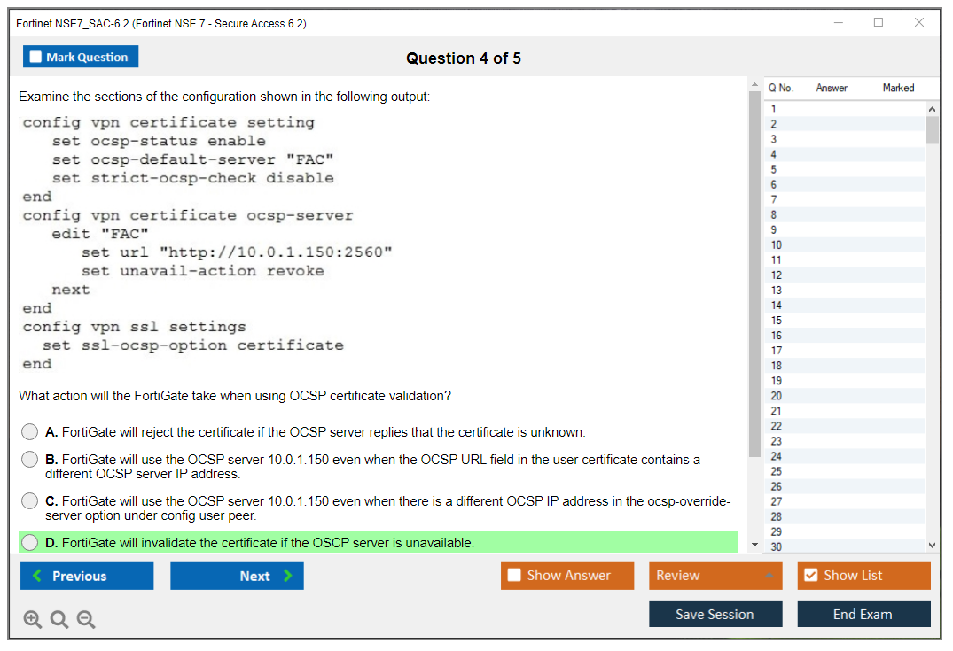 Fortinet NSE7_SAC-6.2 Fortinet NSE 7 - Secure Access 6.2 Practice test exam simulator test engine exam dumps questions answers Image 4