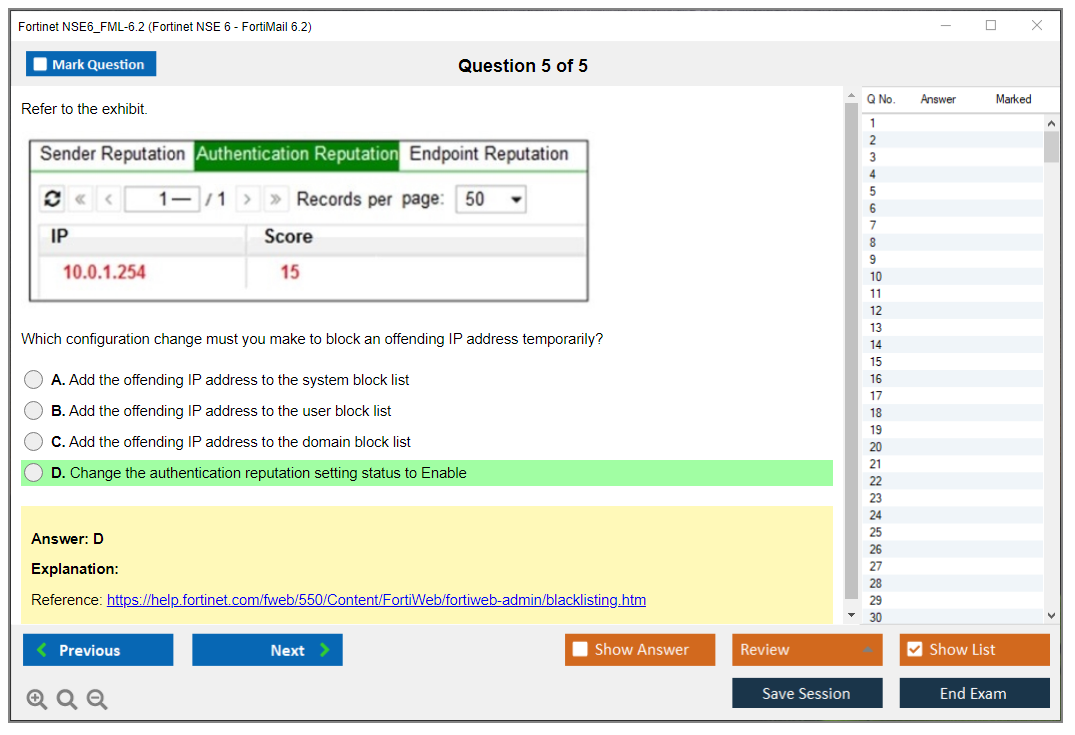 Fortinet NSE6_FML-6.2 Fortinet NSE 6 - FortiMail 6.2 Practice test exam simulator test engine exam dumps questions answers Image 5