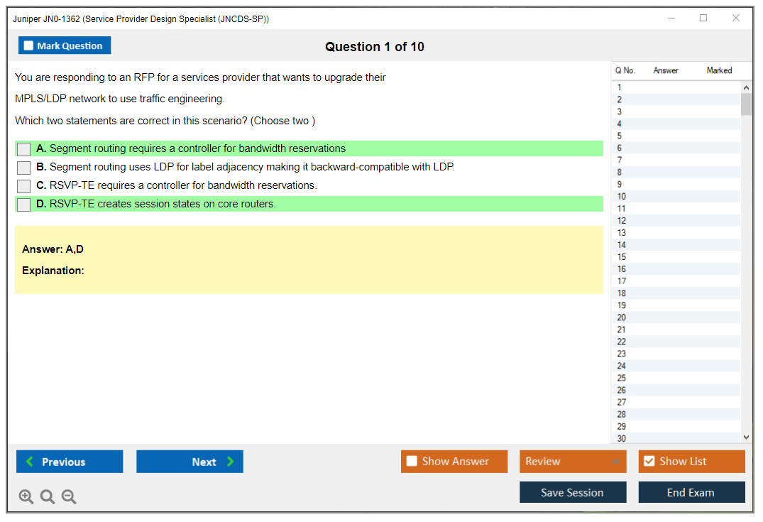 Juniper JN0-1362 Service Provider Design Specialist (JNCDS-SP) Practice test exam simulator test engine exam dumps questions answers Image 1