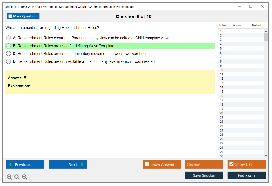 Oracle 1z0-1045-22 Oracle Warehouse Management Cloud 2022 Implementation Professional Practice test exam simulator test engine exam dumps questions answers Image 9
