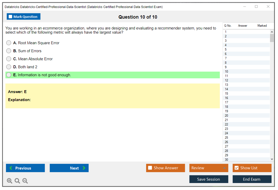 Databricks Databricks-Certified-Professional-Data-Scientist Databricks Certified Professional Data Scientist Exam Practice test exam simulator test engine exam dumps questions answers Image 10