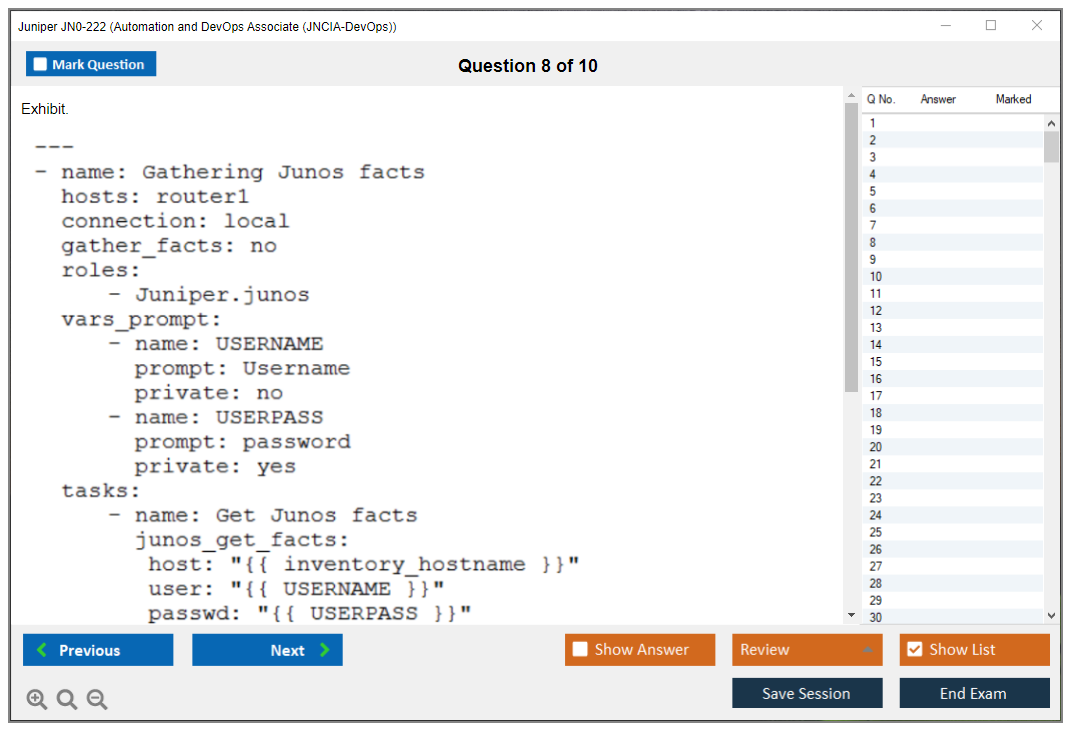 Juniper JN0-222 Automation and DevOps Associate (JNCIA-DevOps) Practice test exam simulator test engine exam dumps questions answers Image 8