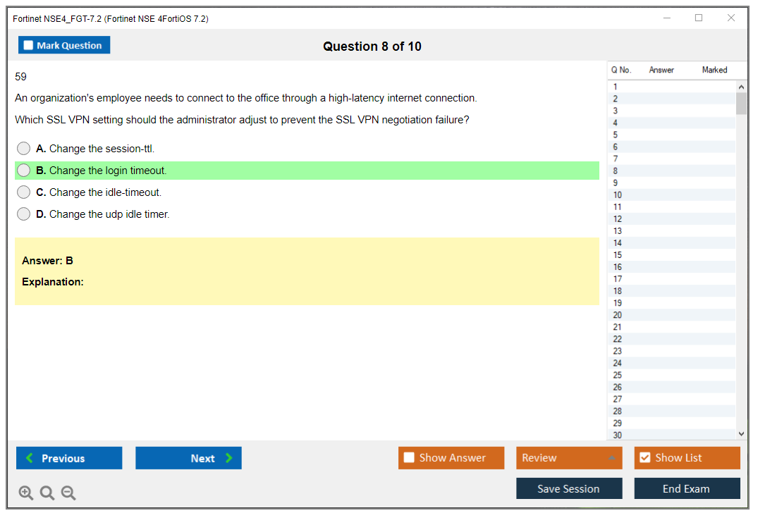 Fortinet NSE4_FGT-7.2 Fortinet NSE 4 - FortiOS 7.2 Practice test exam simulator test engine exam dumps questions answers Image 8