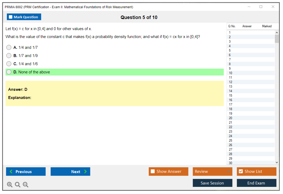 PRMIA 8002 PRM Certification - Exam II: Mathematical Foundations of Risk Measurement Practice test exam simulator test engine exam dumps questions answers Image 5