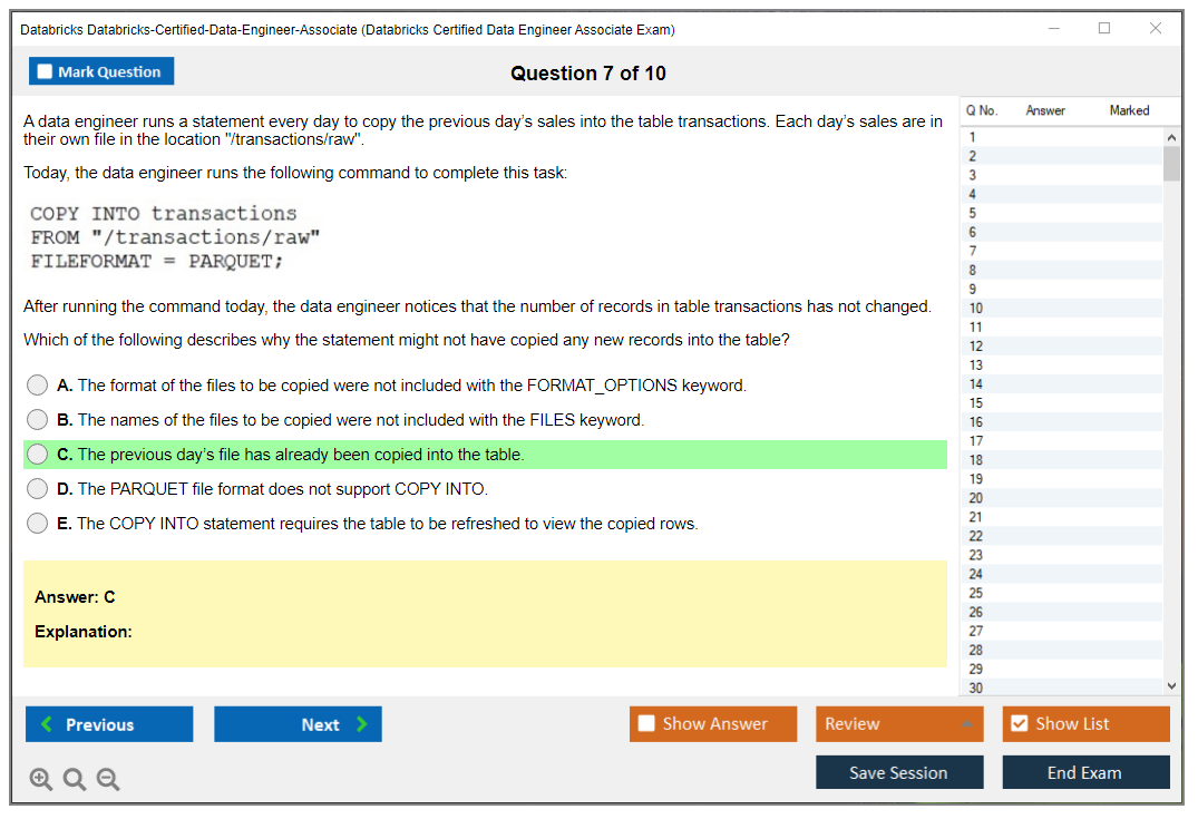 Databricks Databricks-Certified-Data-Engineer-Associate Databricks Certified Data Engineer Associate Exam Practice test exam simulator test engine exam dumps questions answers Image 7
