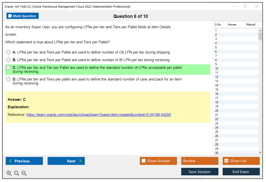 Oracle 1z0-1045-22 Oracle Warehouse Management Cloud 2022 Implementation Professional Practice test exam simulator test engine exam dumps questions answers Image 6