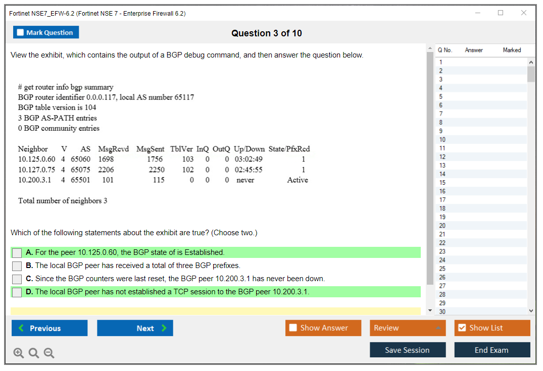 Fortinet NSE7_EFW-6.2 Fortinet NSE 7 - Enterprise Firewall 6.2 Practice test exam simulator test engine exam dumps questions answers Image 3