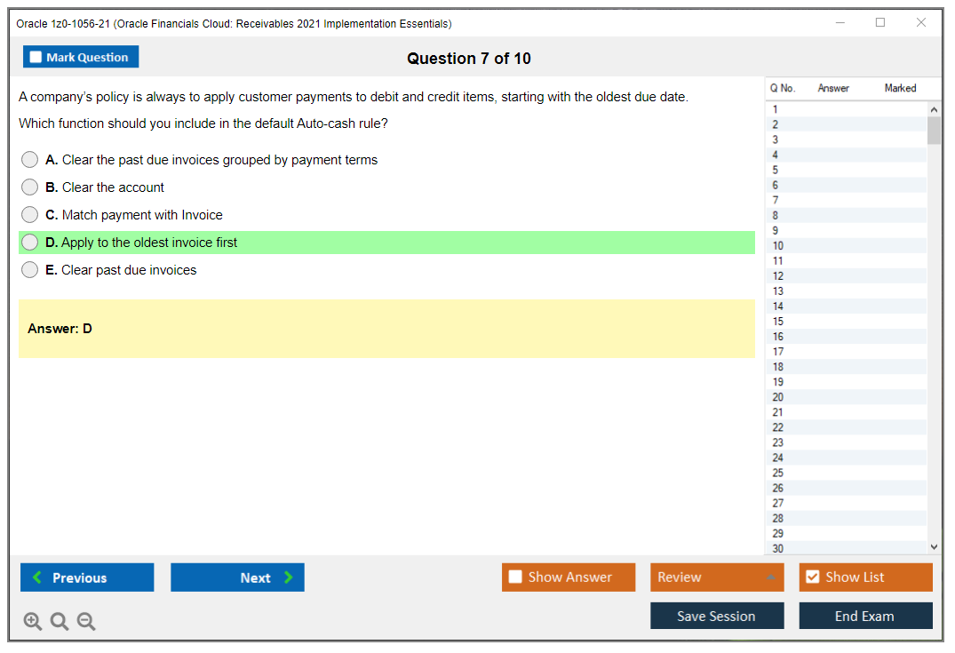 Oracle 1z0-1056-21 Oracle Financials Cloud: Receivables 2021 Implementation Essentials Practice test exam simulator test engine exam dumps questions answers Image 7