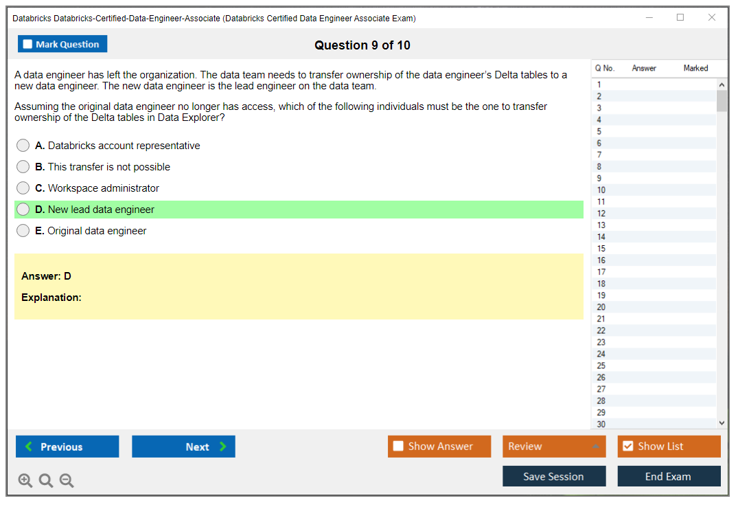 Databricks Databricks-Certified-Data-Engineer-Associate Databricks Certified Data Engineer Associate Exam Practice test exam simulator test engine exam dumps questions answers Image 9