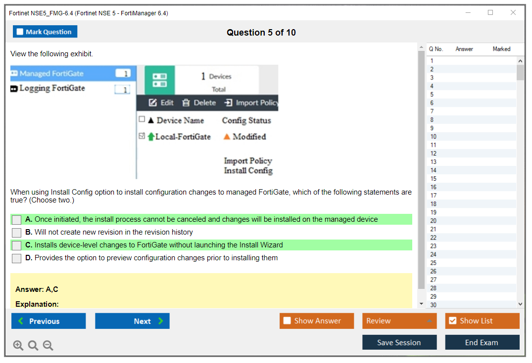 Fortinet NSE5_FMG-6.4 Fortinet NSE 5 - FortiManager 6.4 Practice test exam simulator test engine exam dumps questions answers Image 5