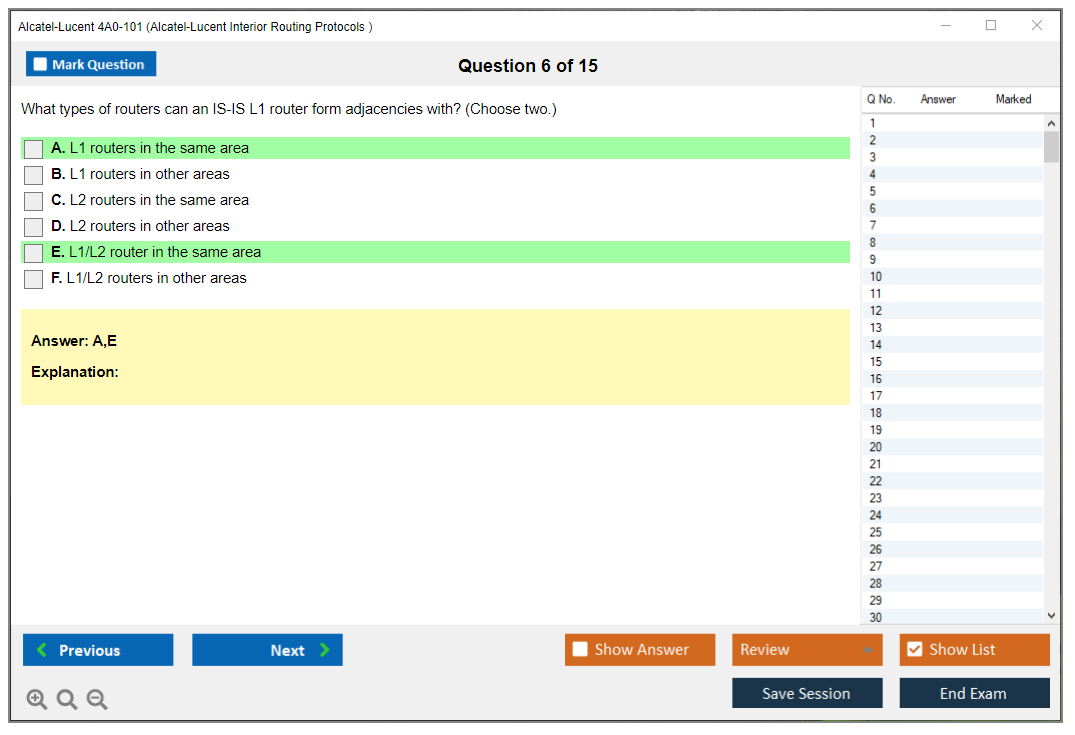 Alcatel-Lucent 4A0-101 Alcatel-Lucent Interior Routing Protocols and High Availability Practice test exam simulator test engine exam dumps questions answers Image 6