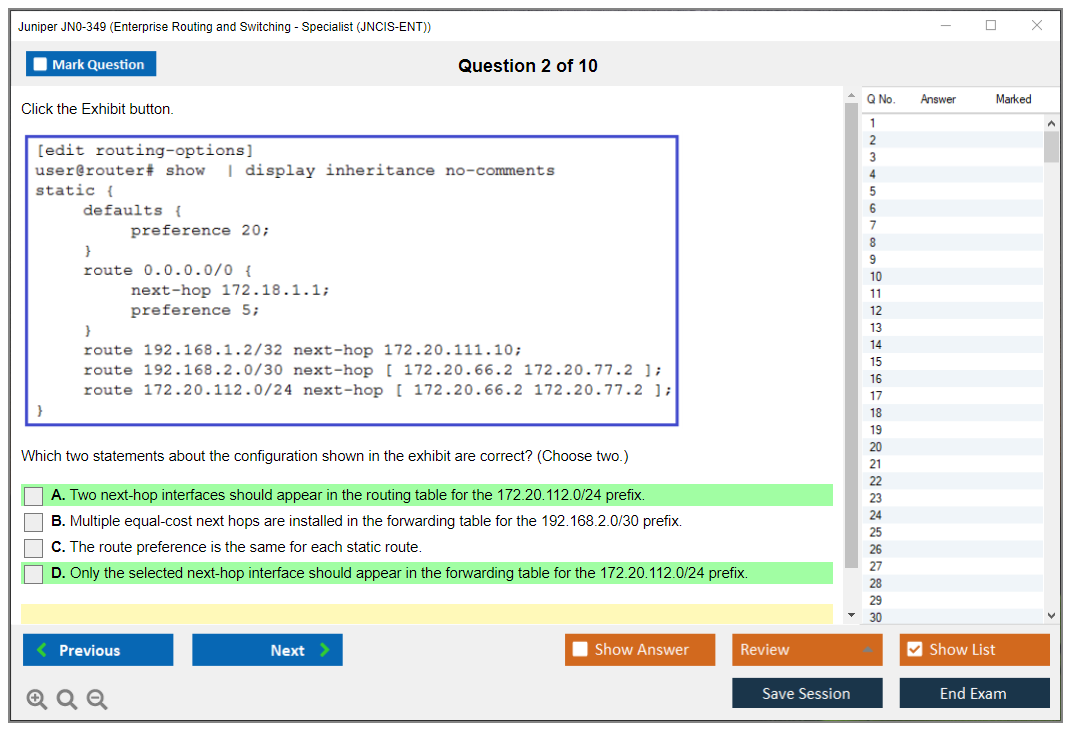 Juniper JN0-349 Enterprise Routing and Switching - Specialist (JNCIS-ENT) Practice test exam simulator test engine exam dumps questions answers Image 2