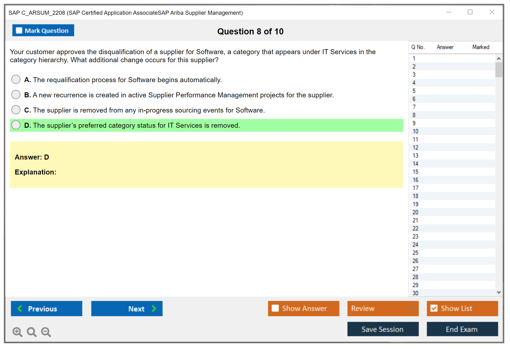 SAP C_ARSUM_2208 SAP Certified Application AssociateSAP Ariba Supplier Management Practice test exam simulator test engine exam dumps questions answers Image 8