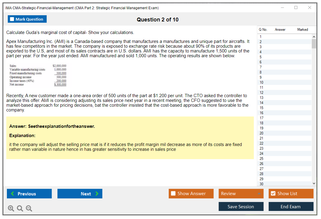 IMA CMA-Strategic-Financial-Management CMA Part 2: Strategic Financial Management Exam Practice test exam simulator test engine exam Prep practice test questions answers Image 2