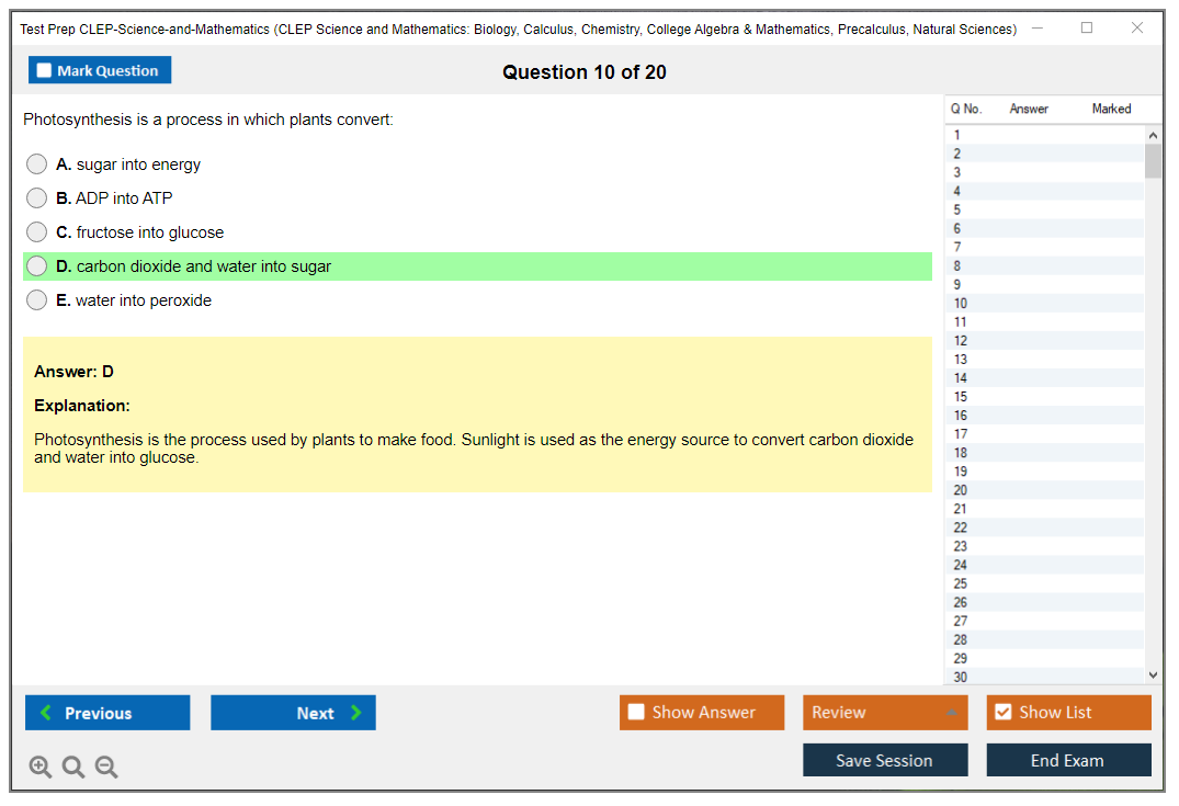 Test Prep CLEP-Science-and-Mathematics CLEP Science and Mathematics: Biology, Calculus, Chemistry, College Algebra & Mathematics, Precalculus, Natural Sciences Practice test exam simulator test engine exam Prep practice test questions answers Image 10