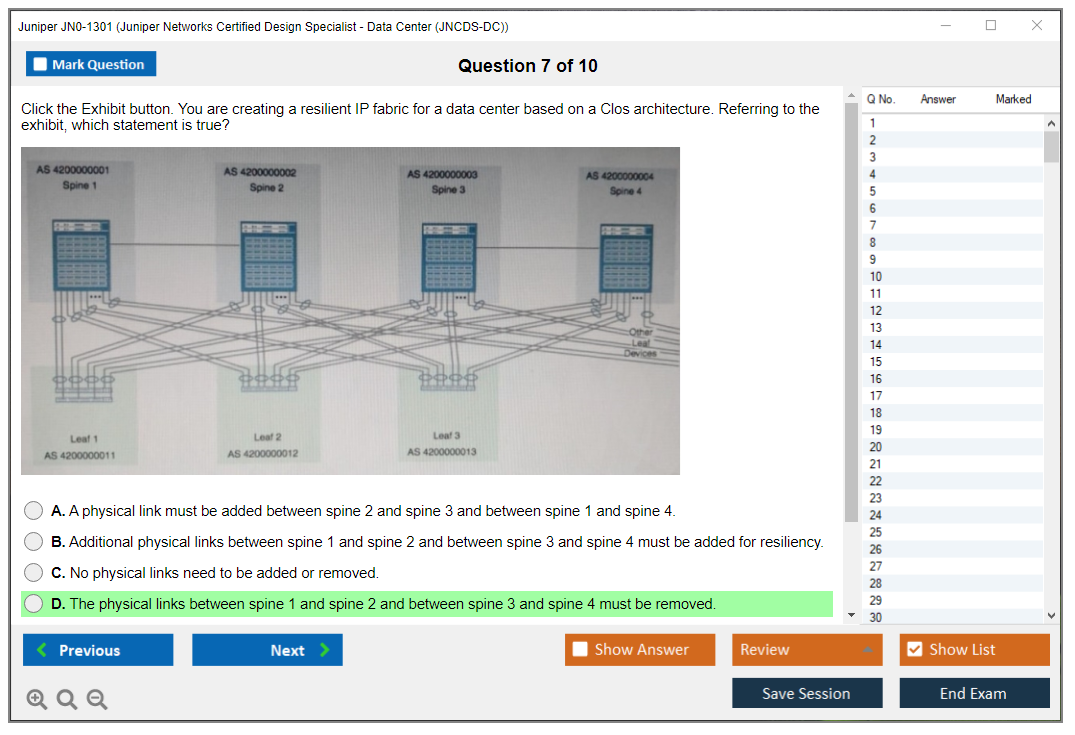 Juniper JN0-1301 Juniper Networks Certified Design Specialist - Data Center (JNCDS-DC) Practice test exam simulator test engine exam dumps questions answers Image 7