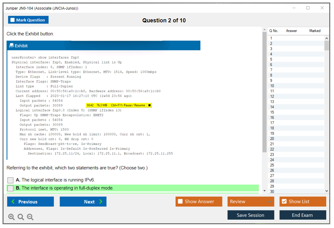 Juniper JN0-104 Junos - Associate (JNCIA-Junos) Practice test exam simulator test engine exam dumps questions answers Image 2