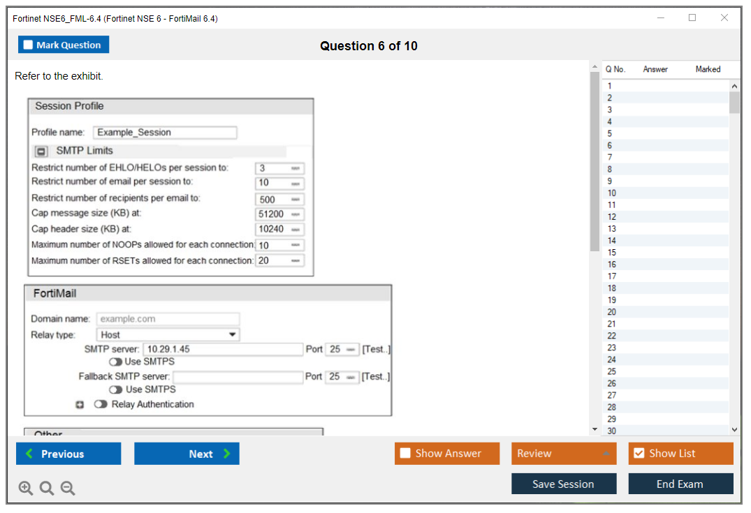 Fortinet NSE6_FML-6.4 Fortinet NSE 6 - FortiMail 6.4 Practice test exam simulator test engine exam dumps questions answers Image 6